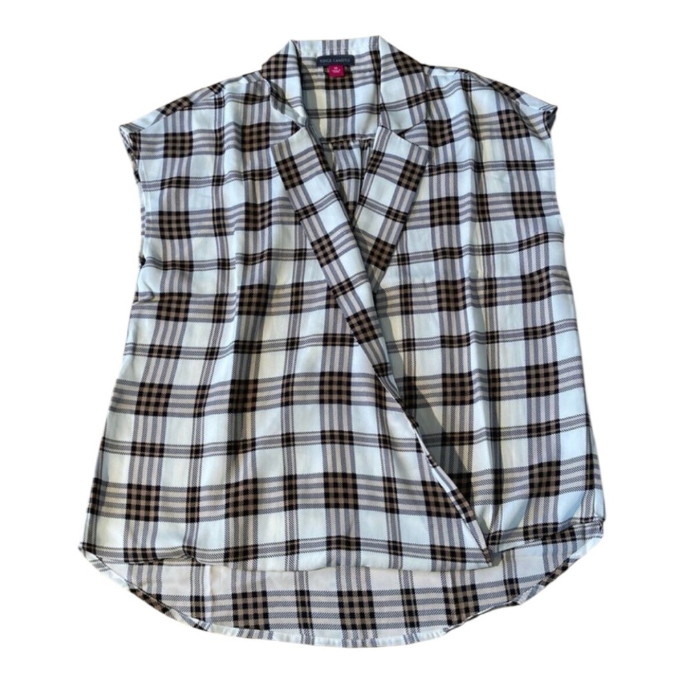NEW Vince Camuto Plaid Notch Collar Wrap Front Sleeveless Blouse